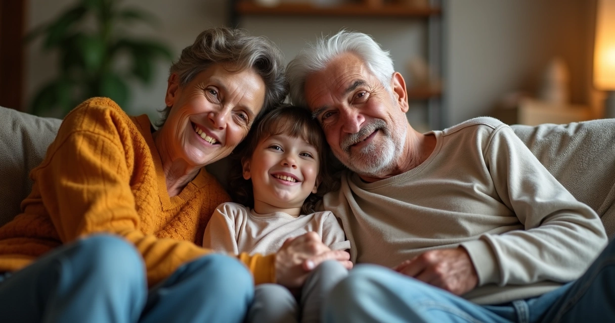 Quatro gerações de uma família sentadas juntas em um sofá, demonstrando conexão e vínculo 