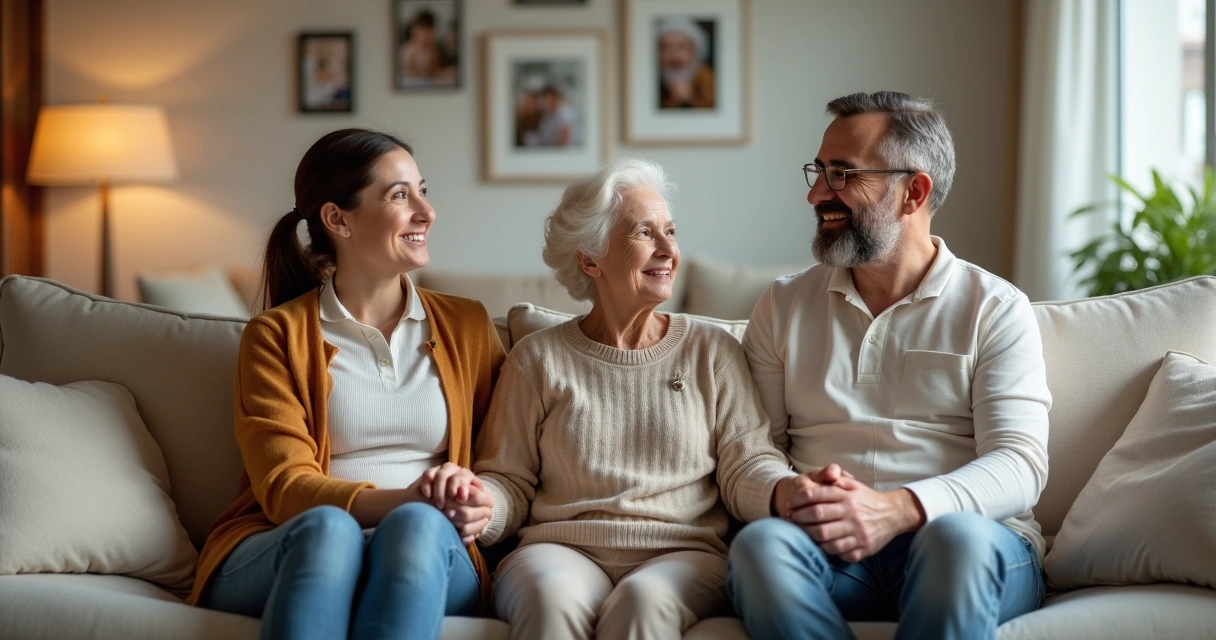 Três pessoas sentadas juntas no sofá olhando para frente de mãos dadas. 