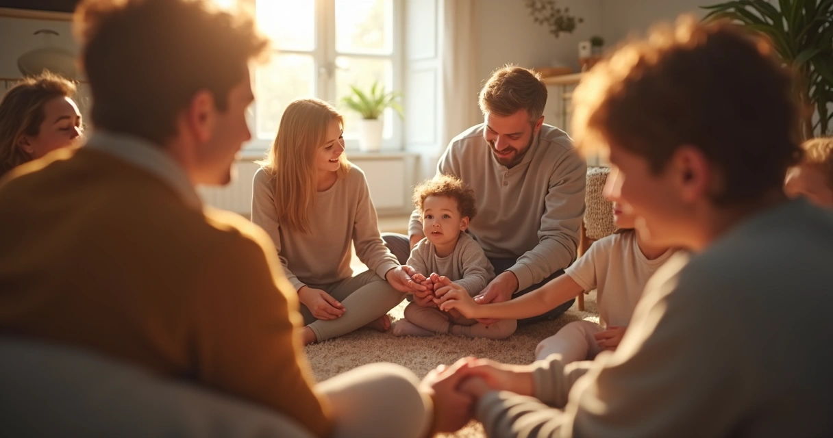 Família unida sentada em círculo, segurando as mãos, com símbolos de conexão ao redor 