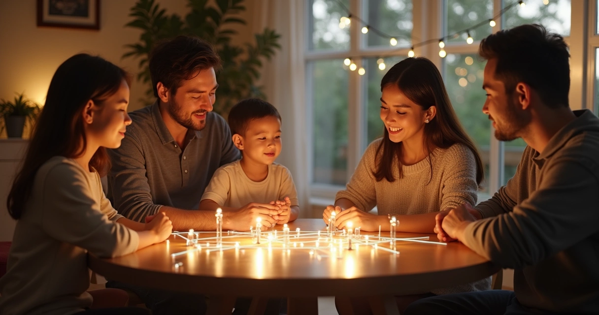 Família reunida em volta de uma mesa, todos conectados por linhas de luz 