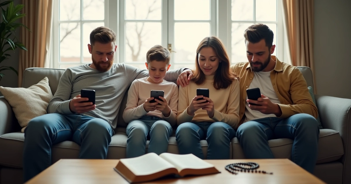 Família católica reunida no sofá com celulares nas mãos 