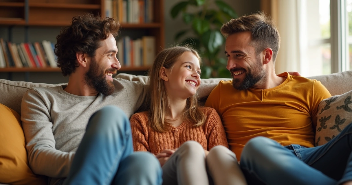 Família de três pessoas sentada em um sofá, sorrindo e conversando olhando uns para os outros, ambiente iluminado e acolhedor. 