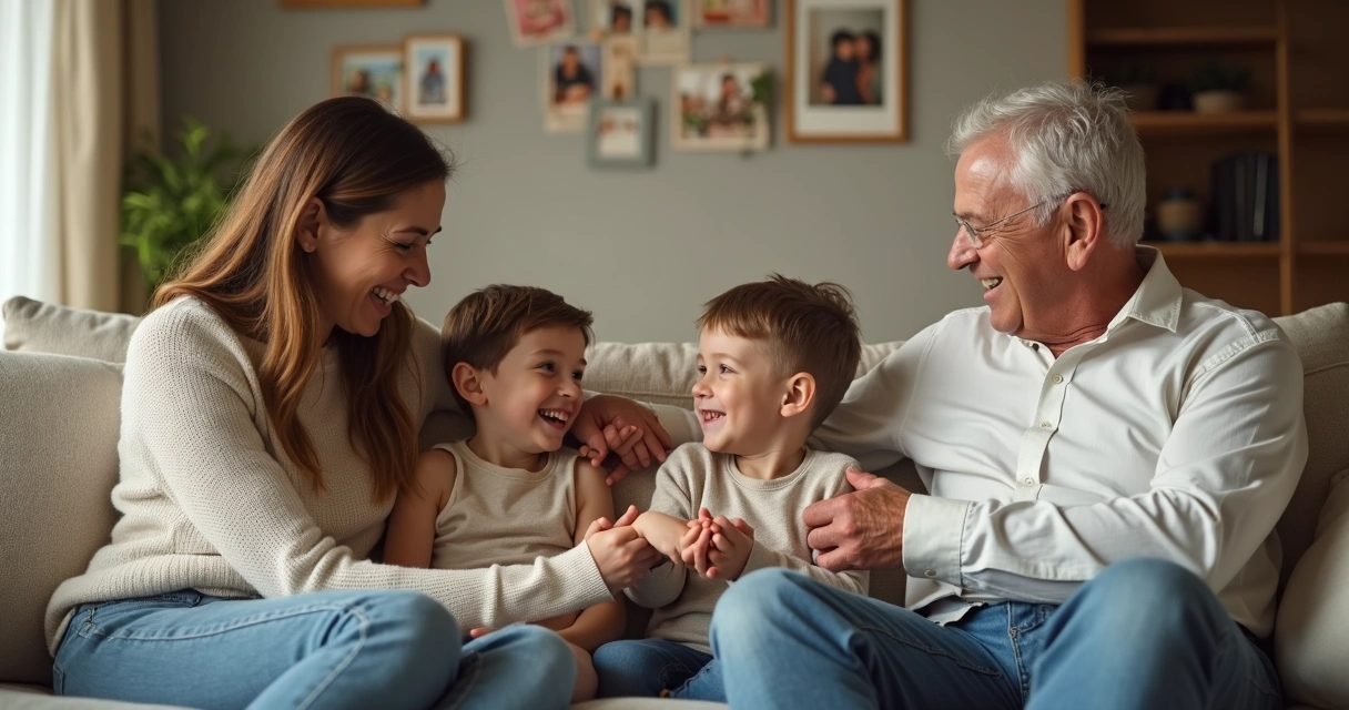 Três gerações de uma família sentadas juntas sorrindo 