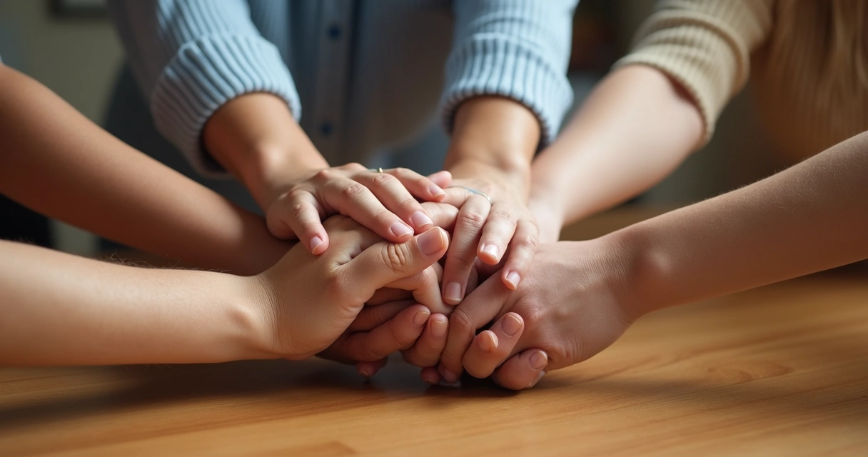 Mãos de familiares unidas no centro de uma mesa 