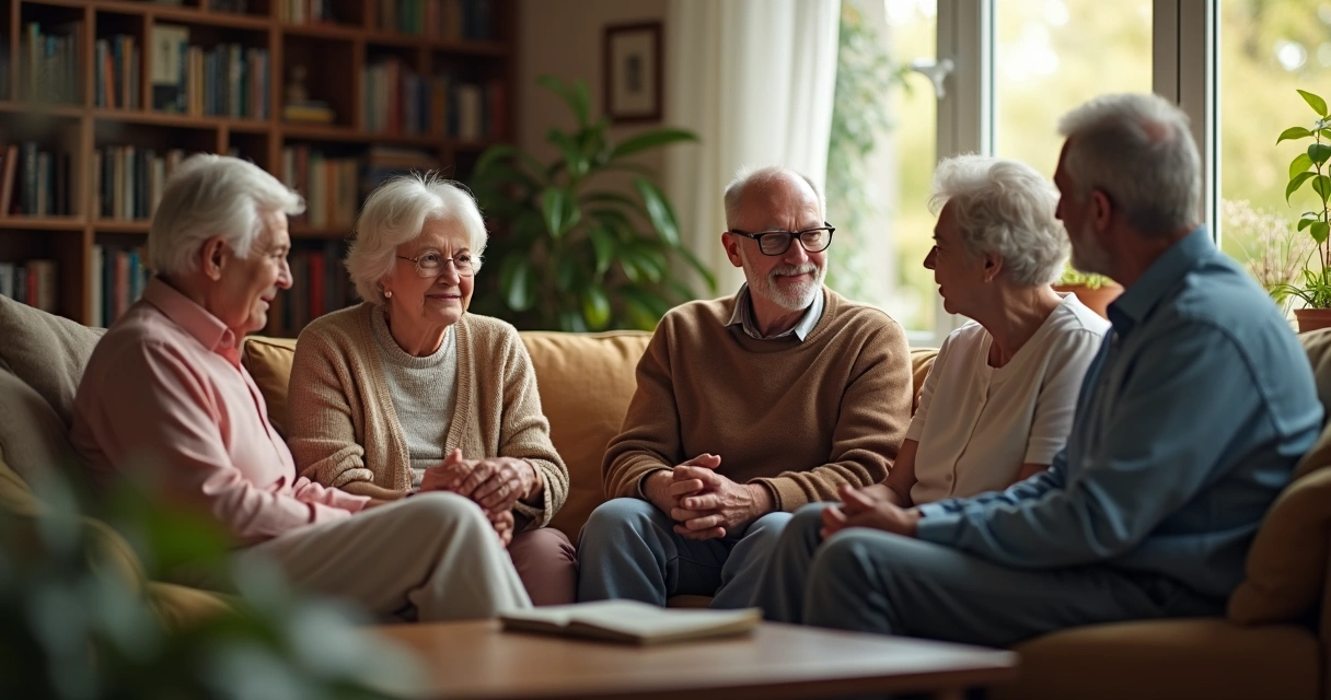 Grupo familiar reunido em ambiente acolhedor