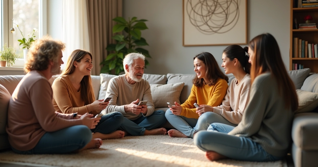 Família sentada em círculo na sala de estar em momento de conexão e diálogo profundo 