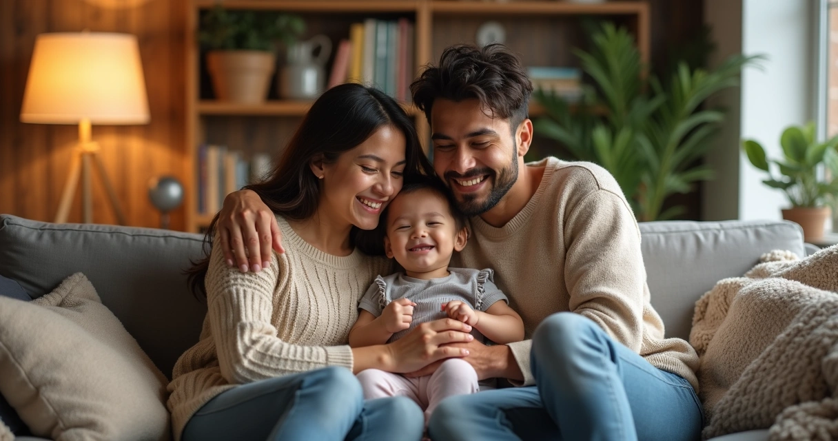 Familia abrazada sentada en el sofá, luz cálida y ambiente acogedor 