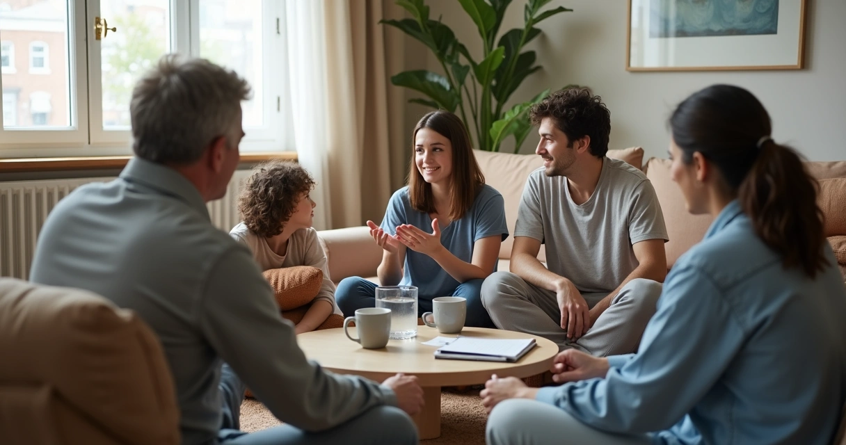 Familia diversa sentada en círculo teniendo una conversación tranquila 