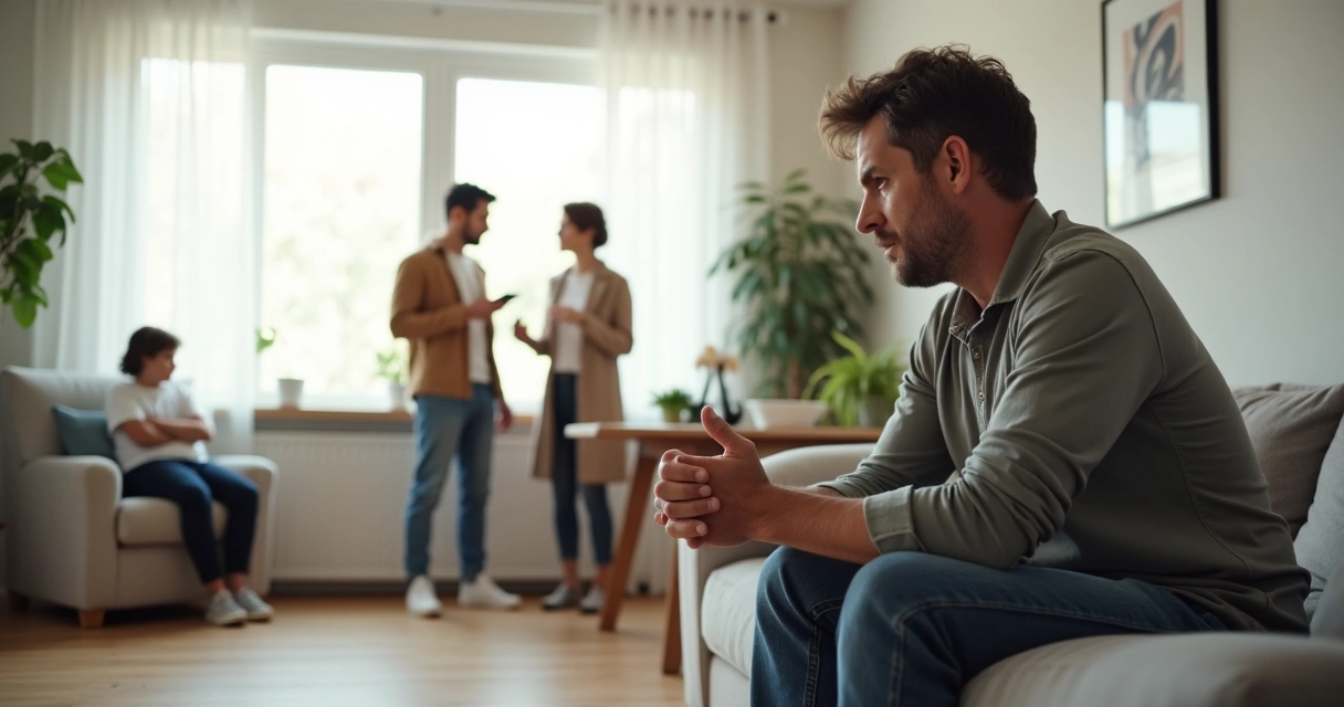 Familia en sala de estar con tensión y una persona reflexionando en silencio 