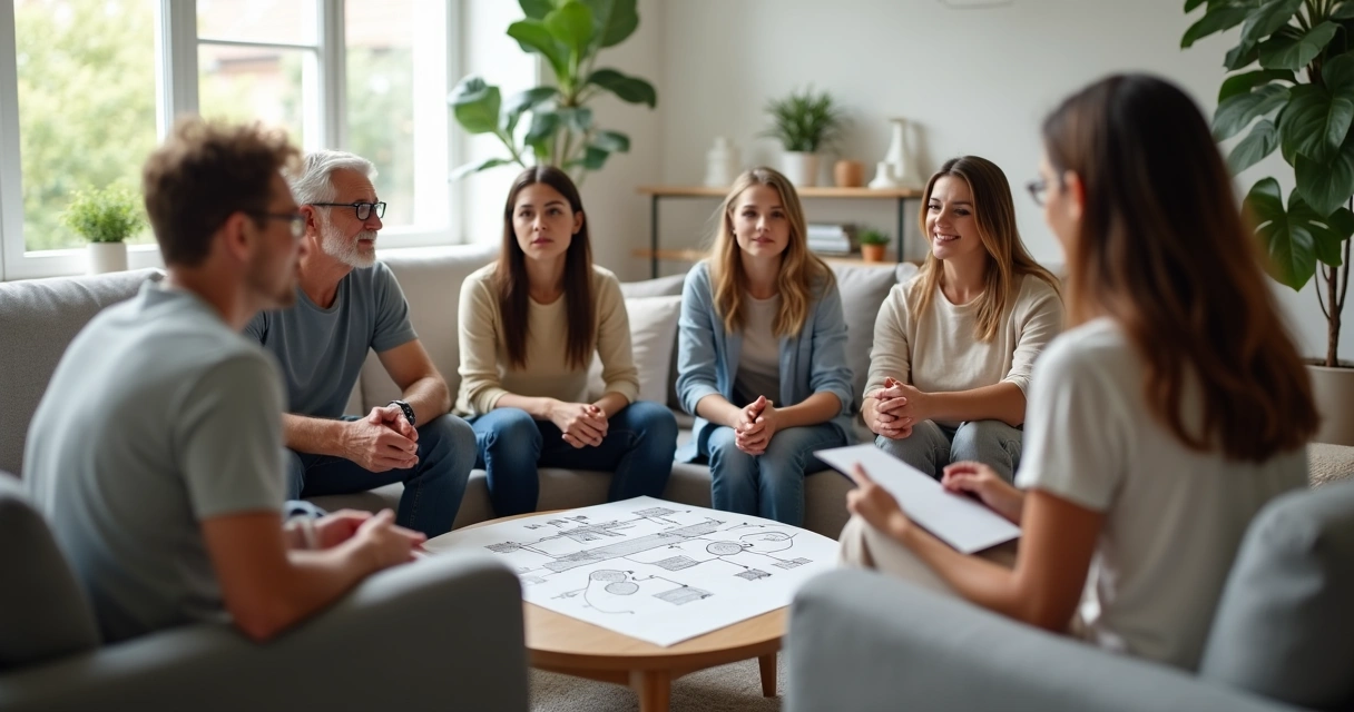 Familia sentada en círculo con conflicto siendo mediado por una terapeuta 