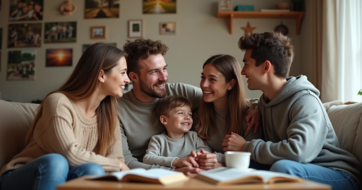 Família reunida conversando em sala de estar com clima acolhedor