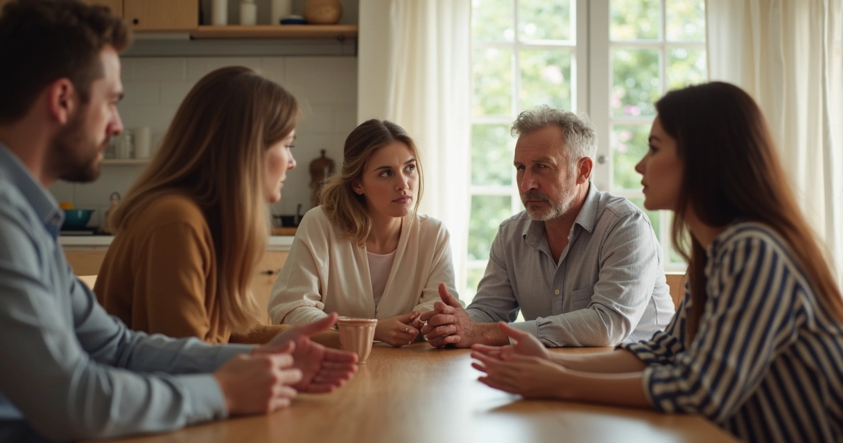Família conversando em volta da mesa, clima de respeito e diálogo