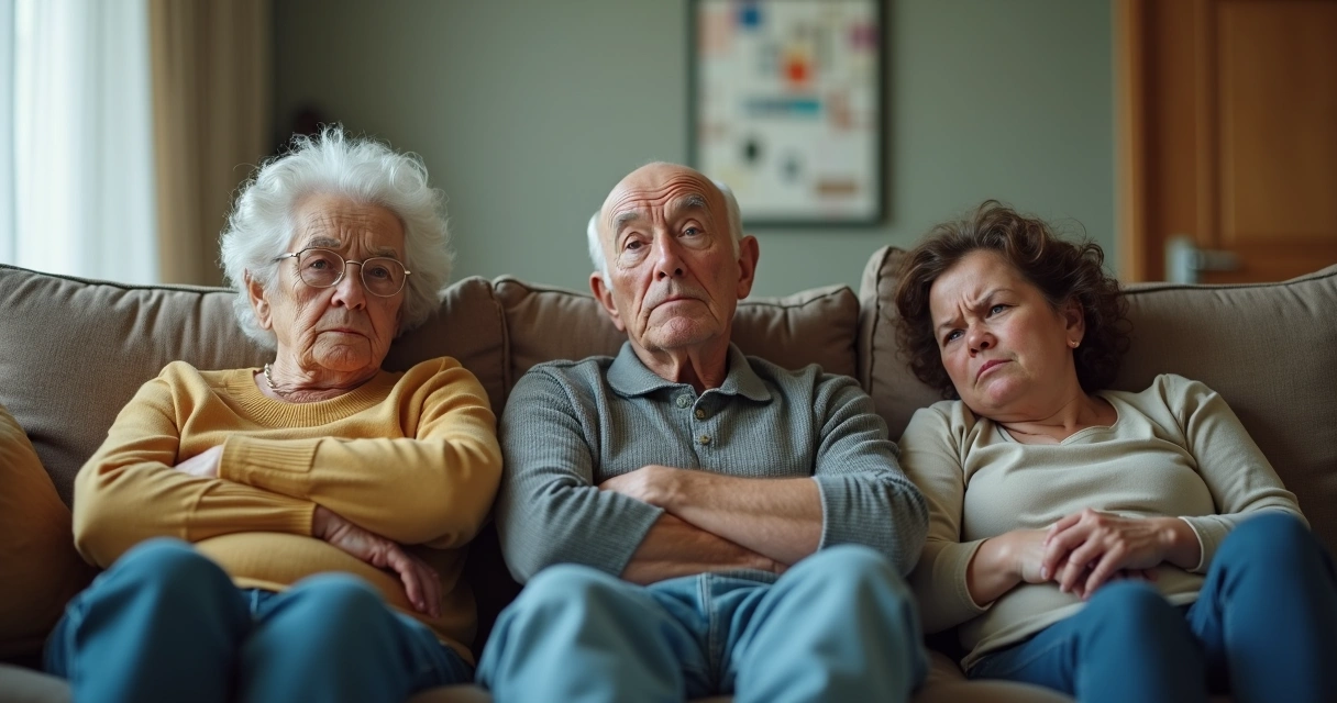 Três gerações de família sentadas no sofá com expressões tensas 