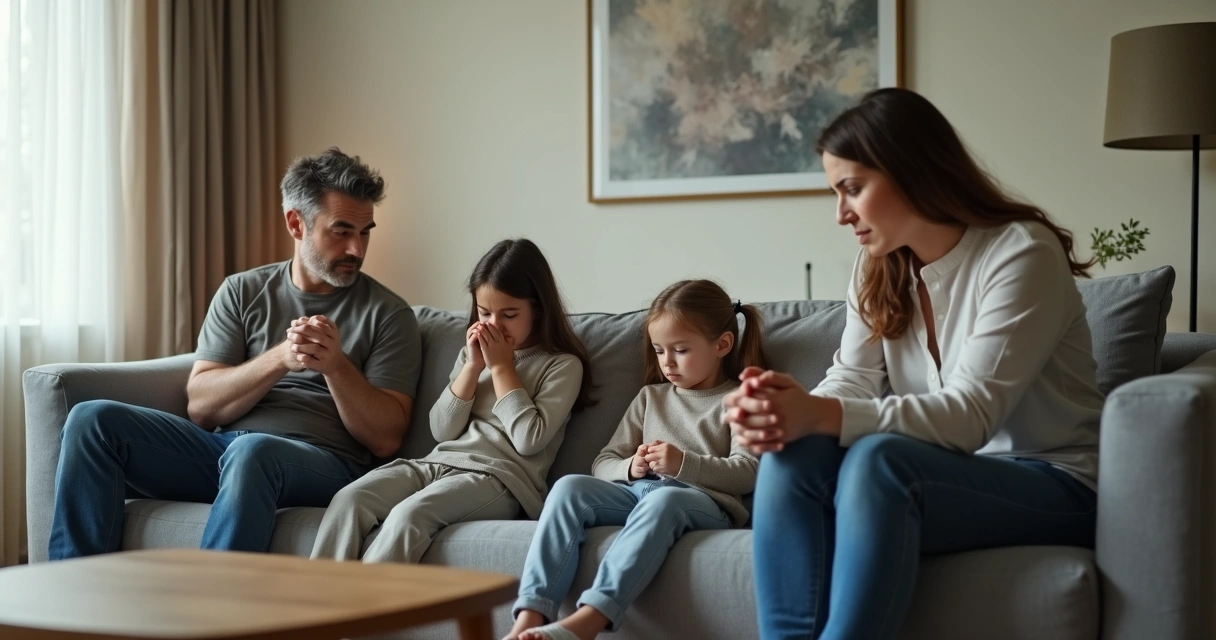 Família sentada no sofá em silêncio com distância emocional entre eles 
