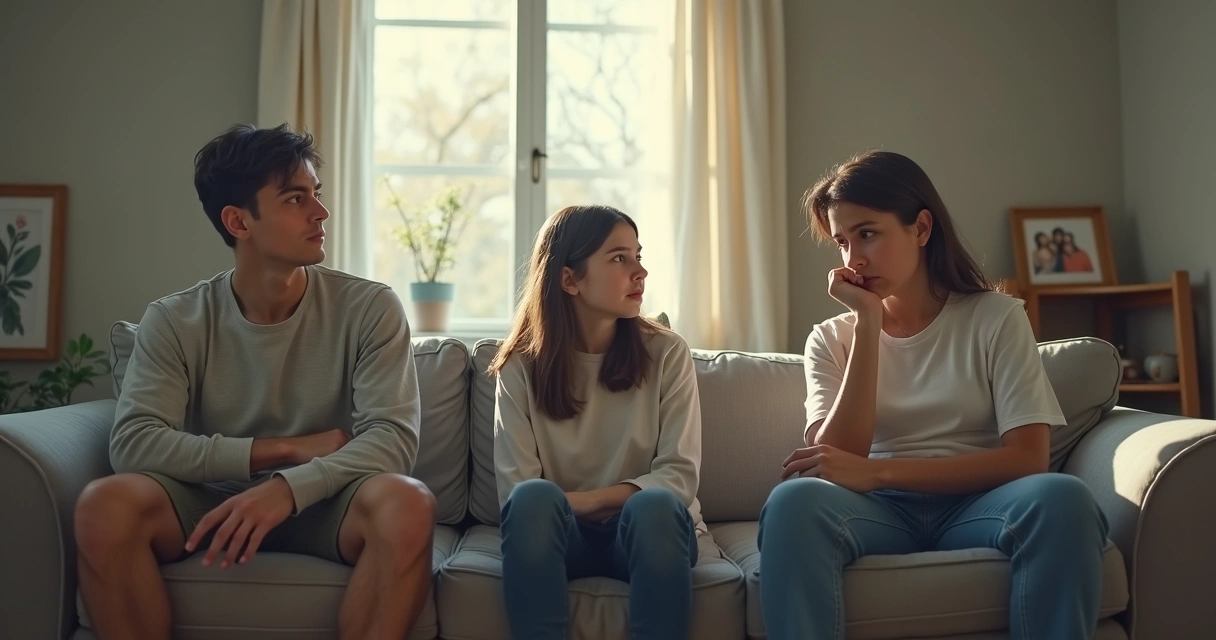 Três pessoas sentadas em uma sala olhando em direções opostas 