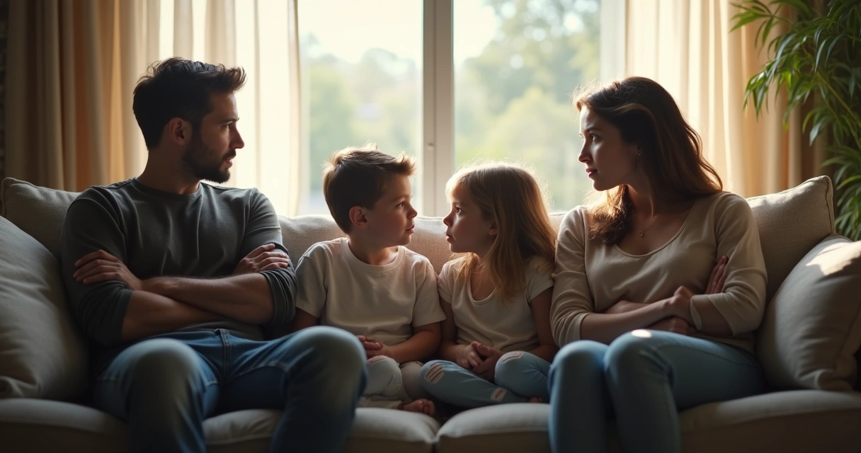 Duas pessoas sentadas distantes em um sofá, olhando para lados opostos, com expressão séria, luz suave do entardecer entrando pela janela. 
