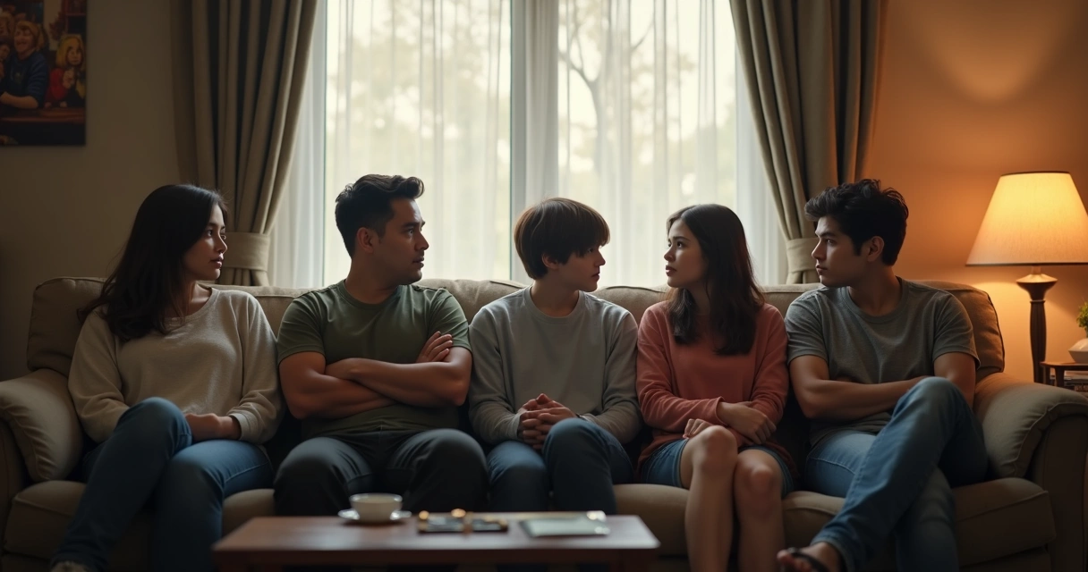Família sentada em sala de estar em clima tenso, sem se olhar 