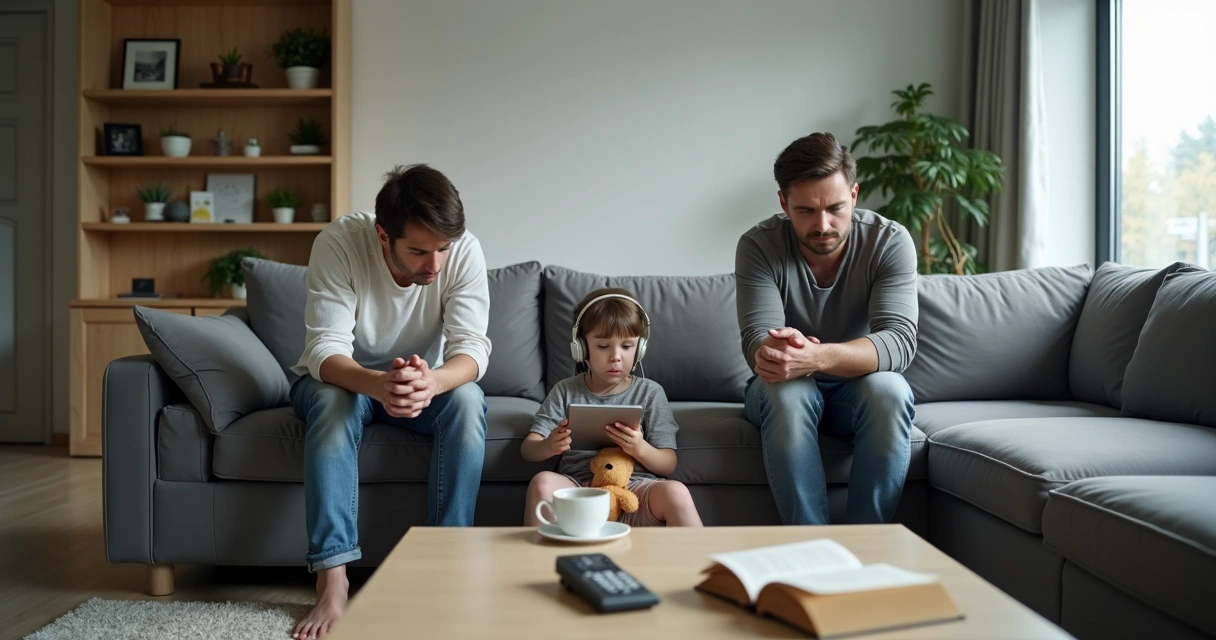 Família em sala de estar com clima de tensão e distância emocional 