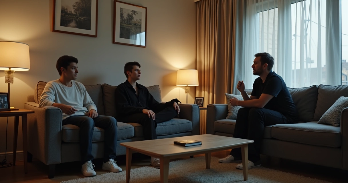 Duas pessoas discutindo enquanto um jovem observa em silêncio 