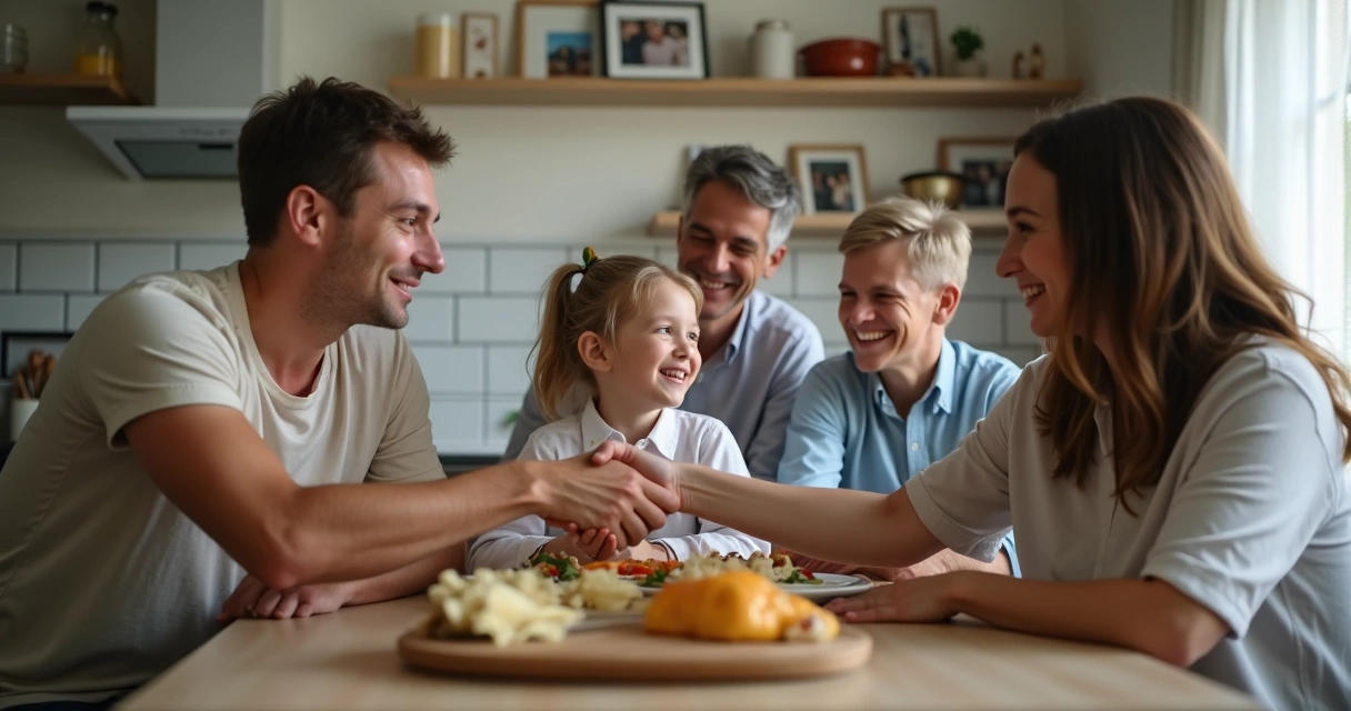 Duas pessoas da mesma família apertando as mãos após resolver conflito 