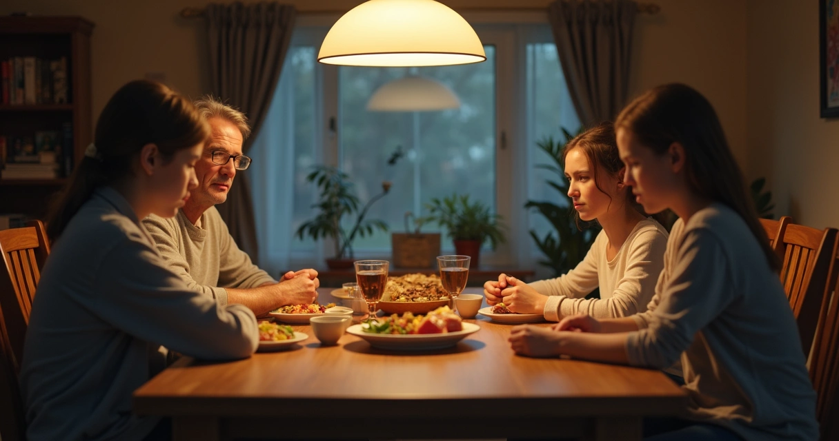 Pessoas sentadas à mesa demonstrando tensão silenciosa 