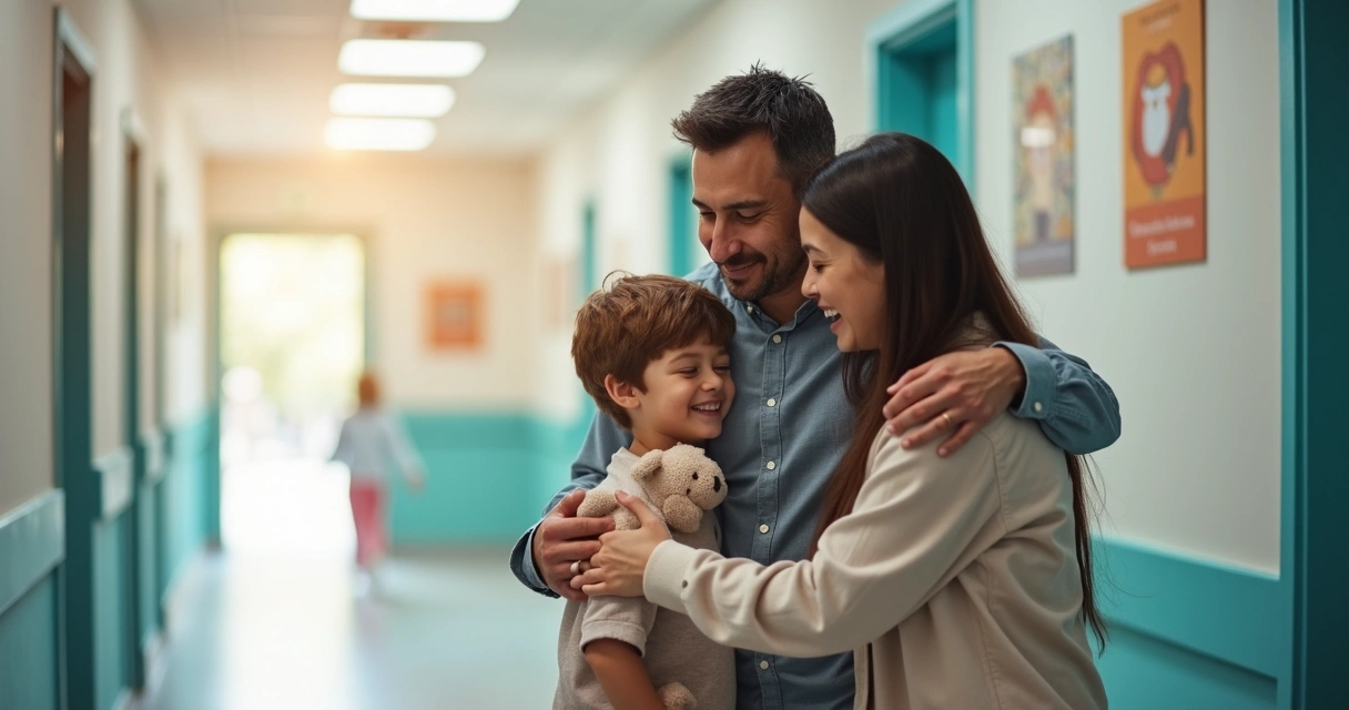 Família confortando criança após exame.