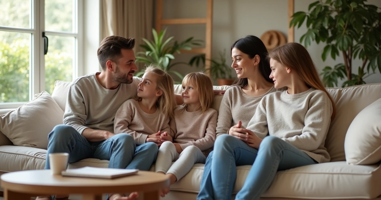 Família sentada no sofá em conversa acolhedora na sala de estar 