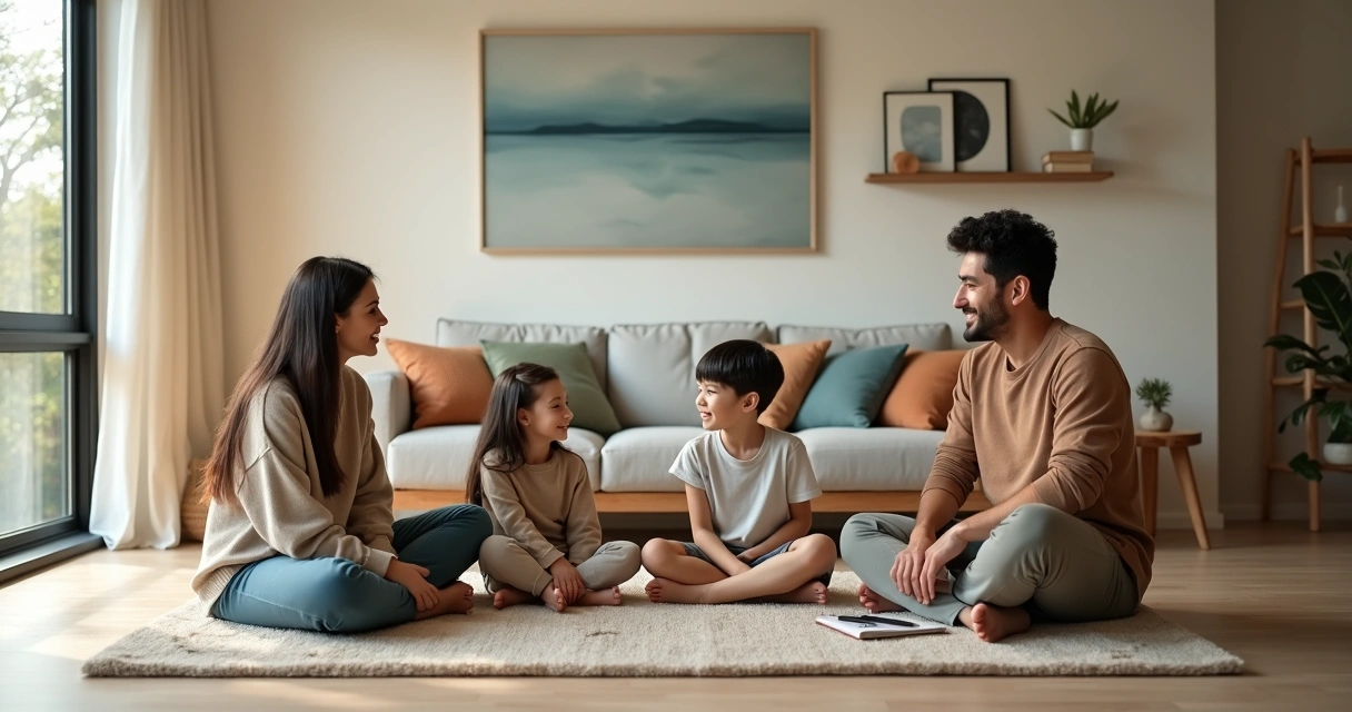 Família reunida em sala de estar acolhedora em momento de conexão consciente 
