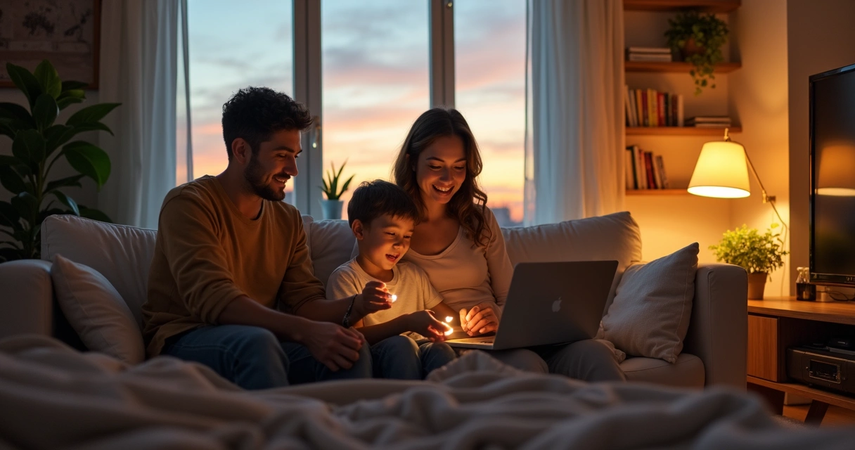 Família em casa desligando luz e eletrodomésticos juntos 
