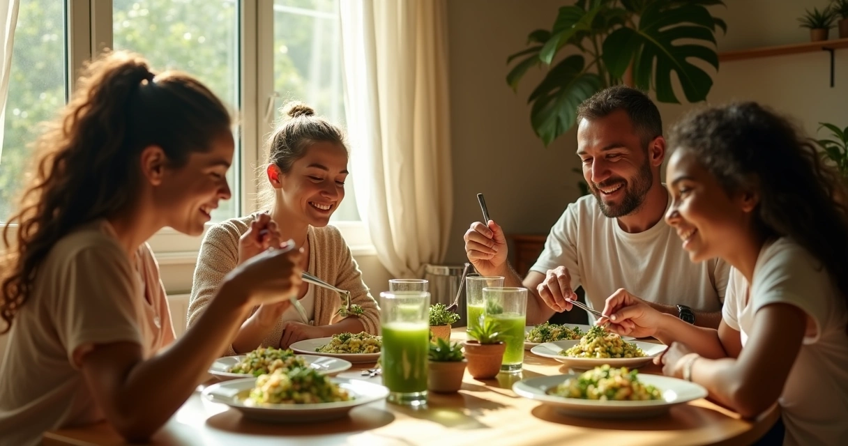Família reunida à mesa consumindo alimentos com moringa