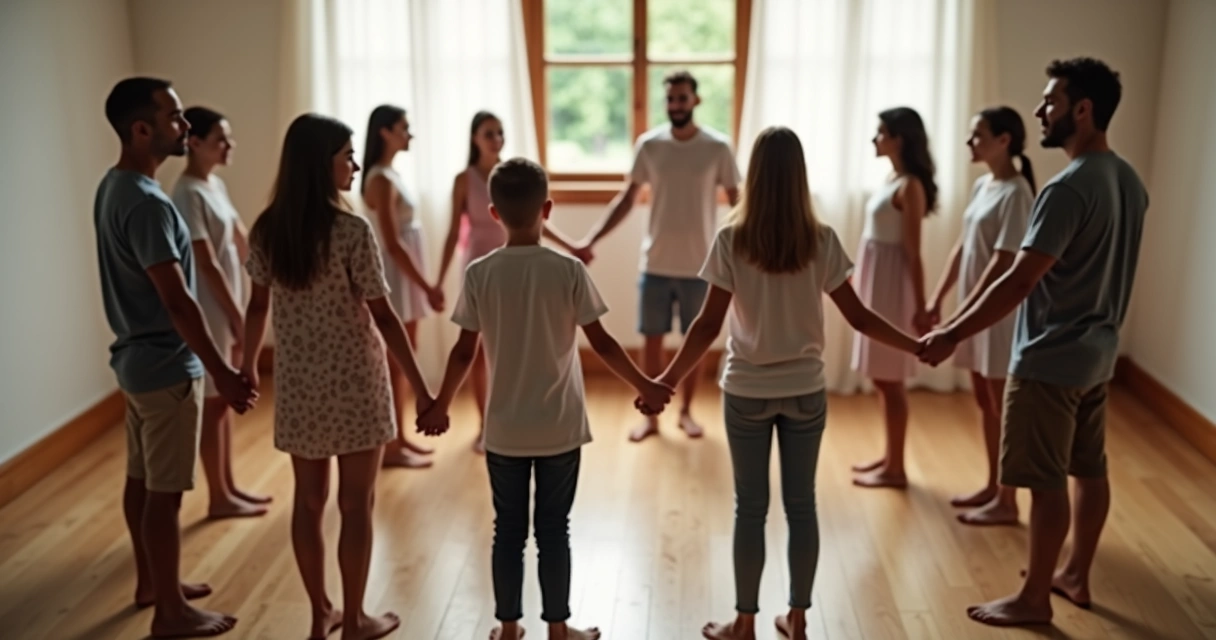 Pessoas de diferentes idades formando um círculo, de mãos dadas, dentro de uma sala iluminada 