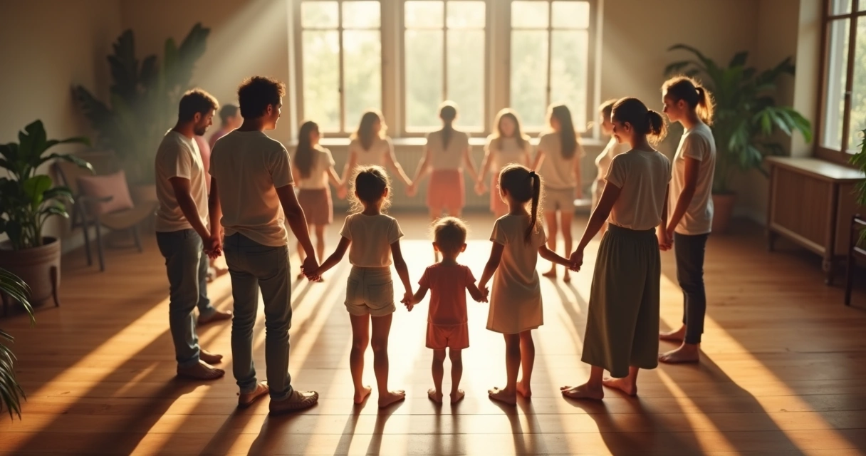 Pessoas de mãos dadas formando um círculo em um ambiente iluminado 