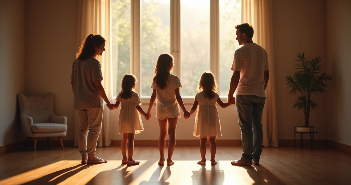 Quatro pessoas reunidas, formando um círculo de mãos dadas. 