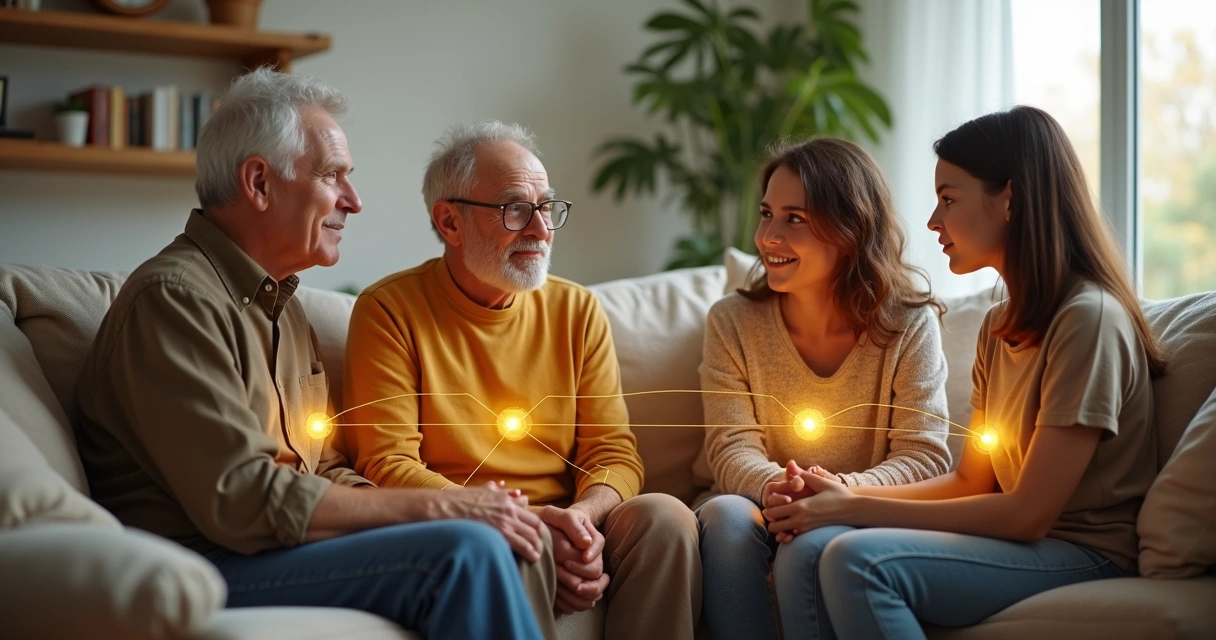 Família sentada em círculo no sofá com linha de luz conectando cada pessoa 