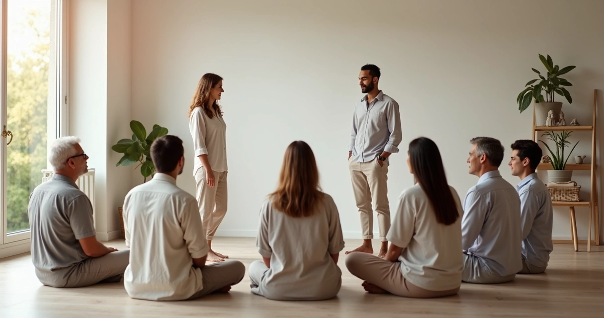 Familia reunida en círculo participando en una constelación sistémica en sala luminosa 