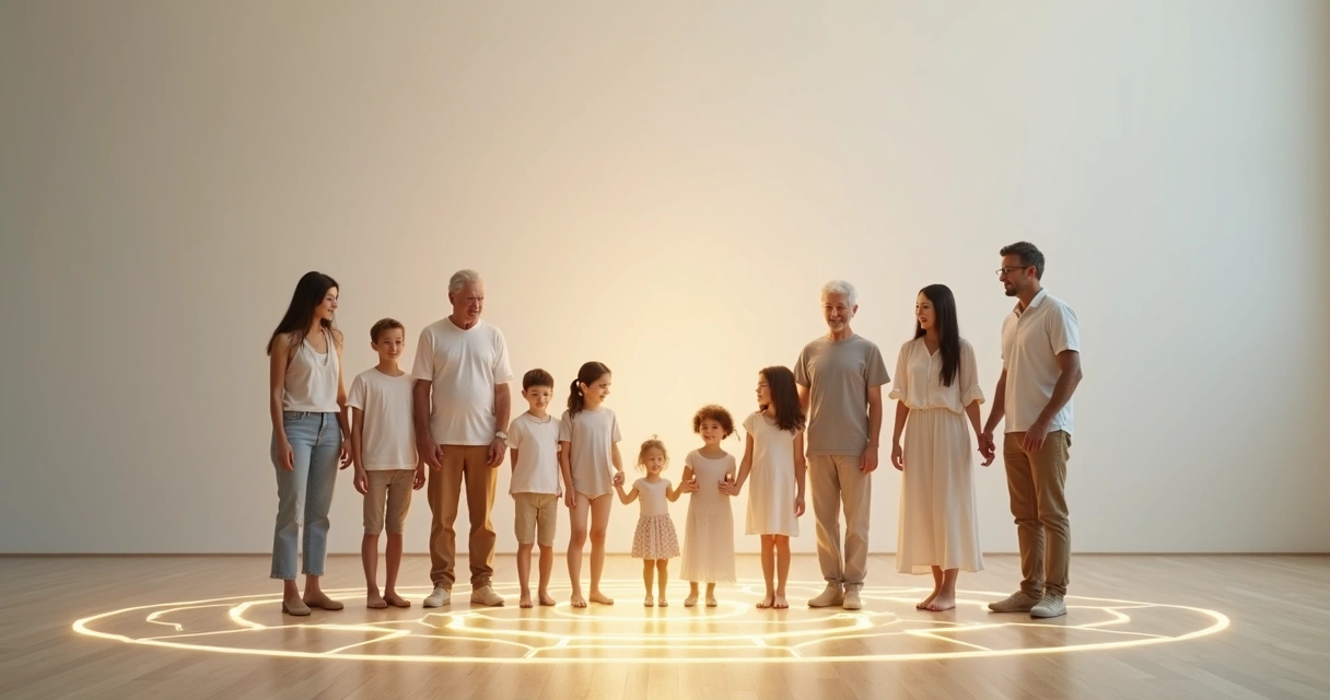 Familia de tres generaciones conectada por líneas de luz en círculo 