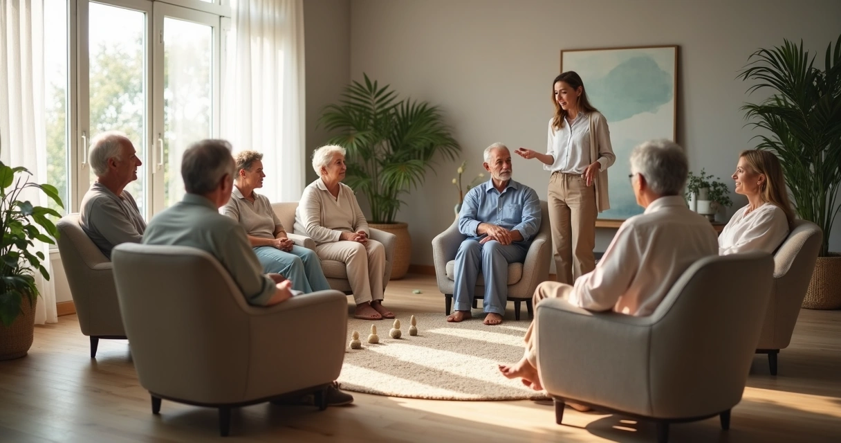 Familia sentada en círculo en una sesión de constelación sistémica 