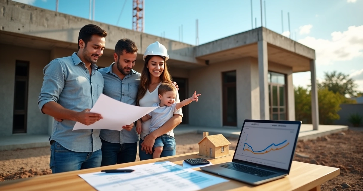 Família observando projeto de casa com engenheiro em obra em construção 