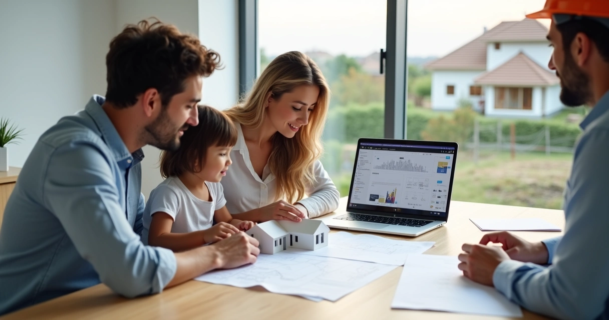 Família avaliando projeto de casa com planta e maquete sobre a mesa 