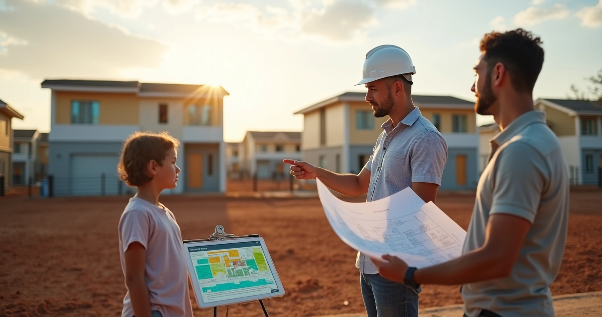 Família observa terreno com planta da casa ao lado de engenheiro 