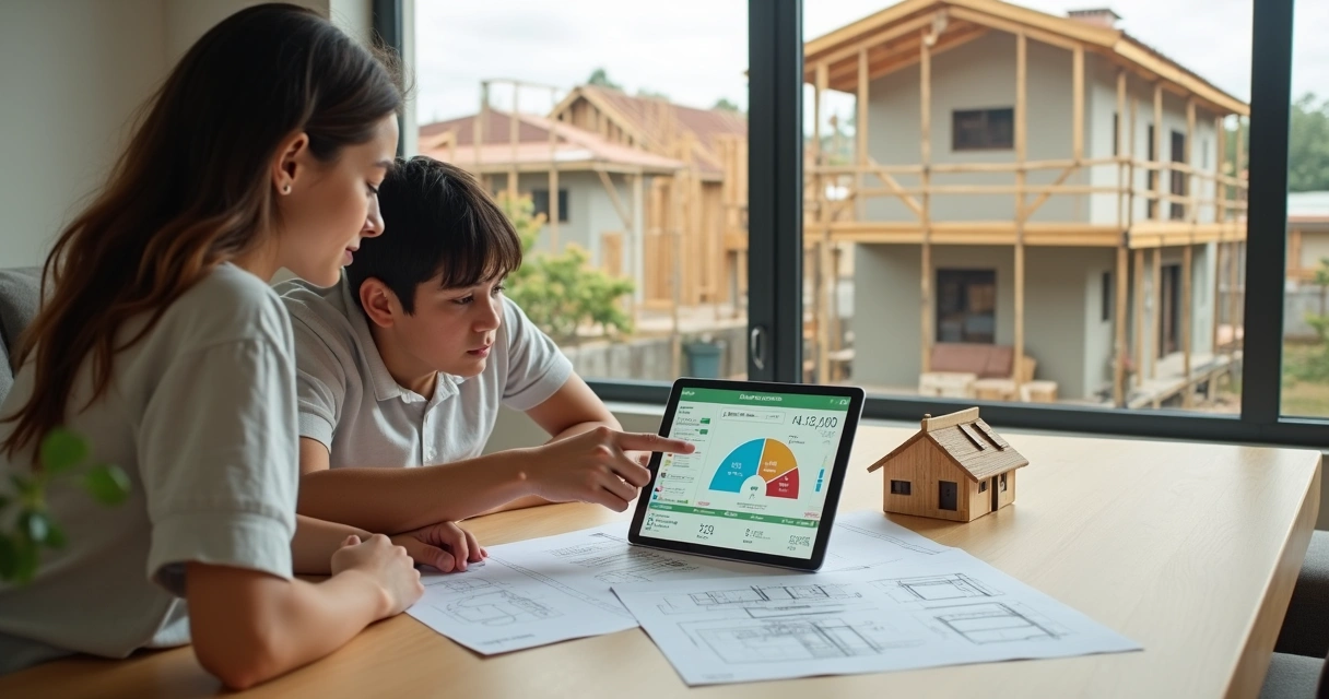 Família observando projeto de casa financiada sem entrada ao lado de tablet com simulação de crédito 