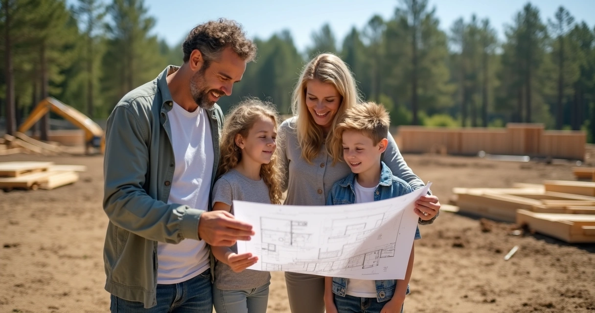 Família olhando projeto de casa e terreno vazio 