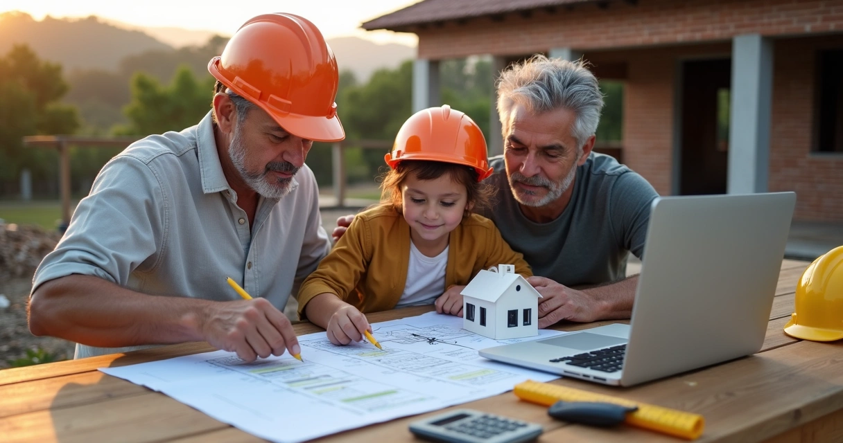 Família brasileira analisando projeto da casa com planta e notebook em mesa de obra 