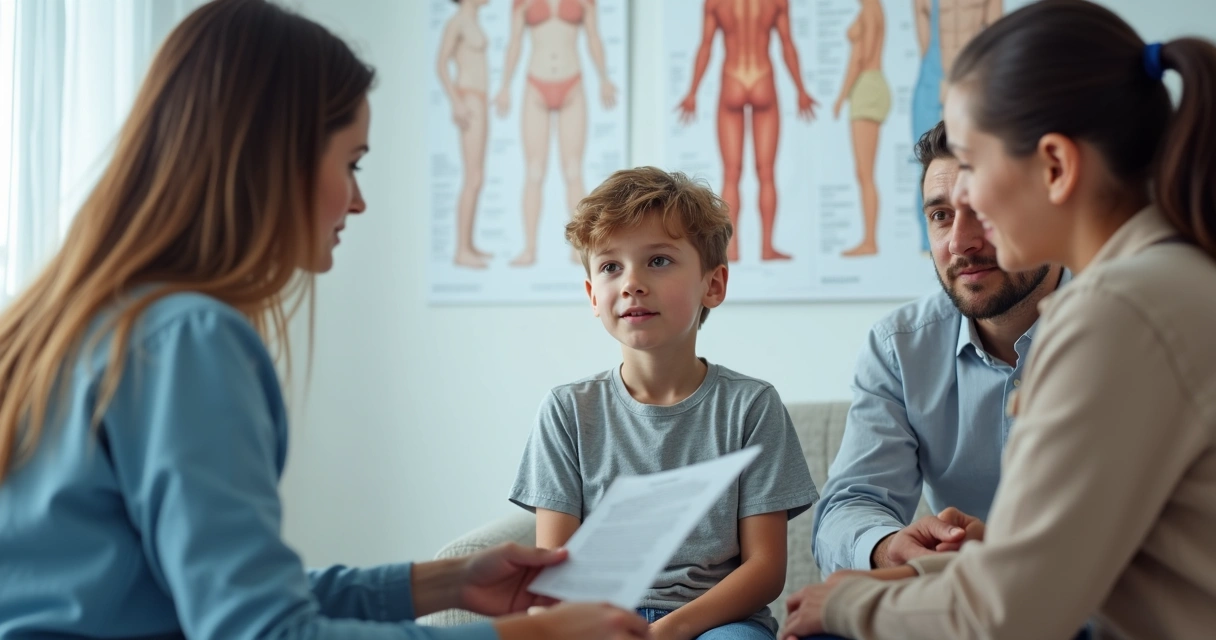 Família em consultório médico buscando esclarecimentos 