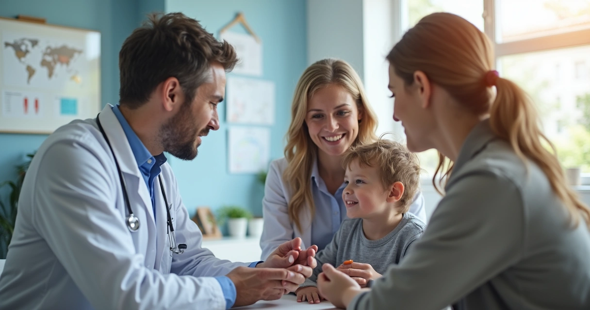 Família conversando com médico durante consulta em consultório moderno 