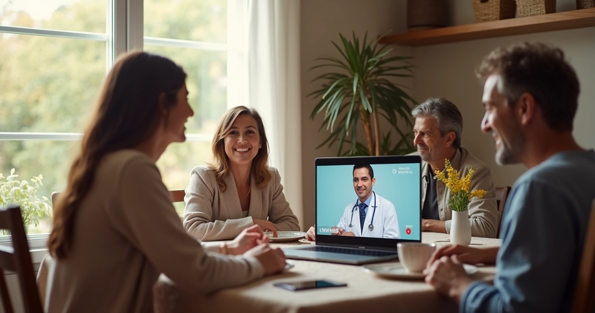 Família conversa com médico por teleconsulta em casa 