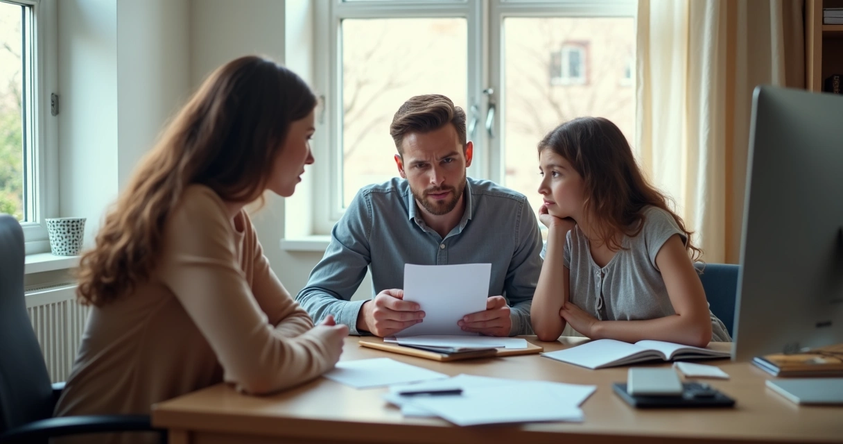 Família conversando com advogada em escritório sobre problema de saúde 