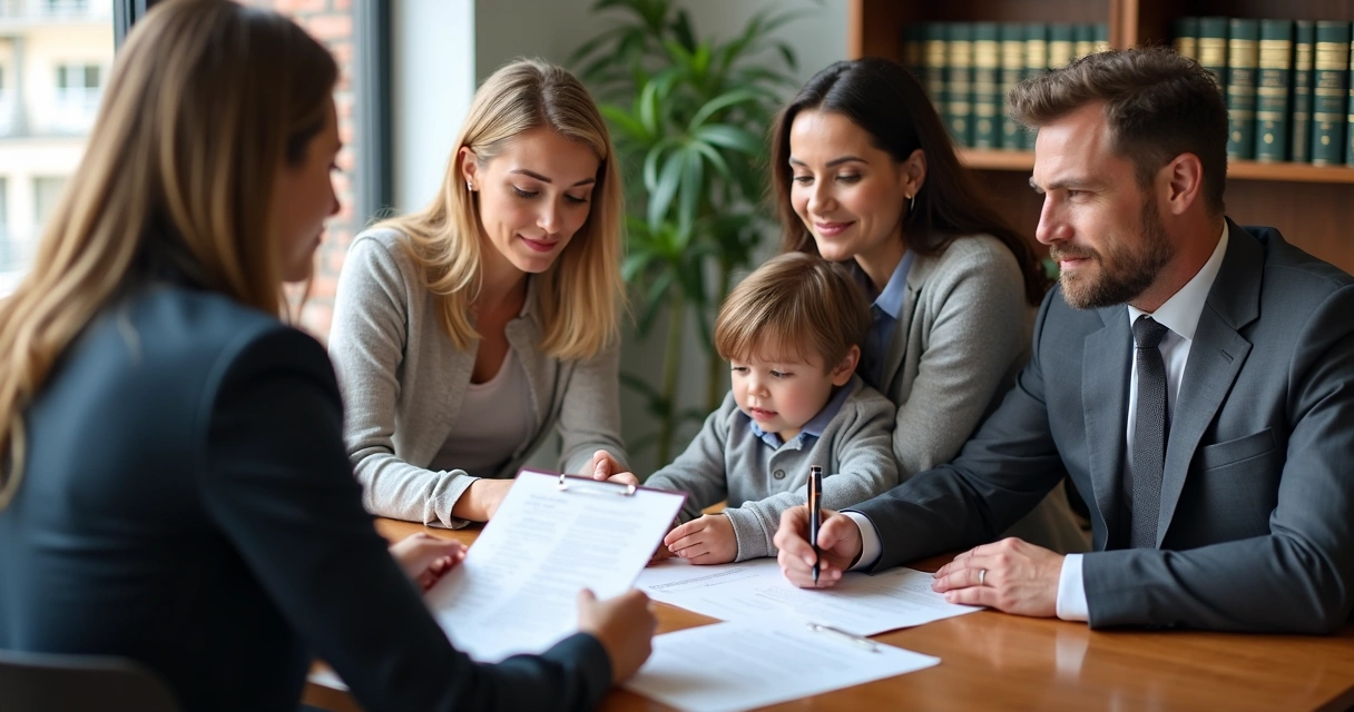 Família em reunião com advogado analisando documentos sobre guarda compartilhada
