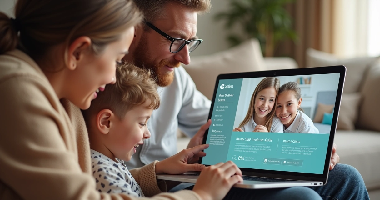 Família olhando brochura digital odontológica em notebook na sala de casa