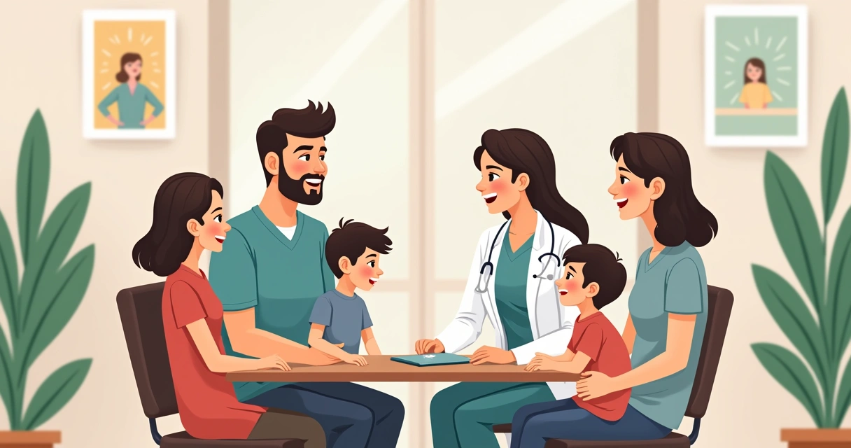 Família sentada em uma clínica conversando com médico 